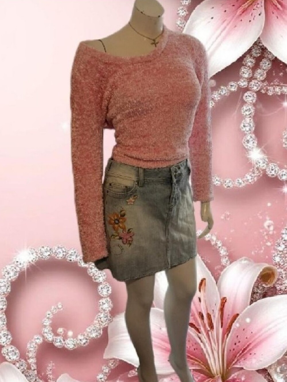 Y2K Thalia Sodi Light Blue Jean Denim Mini Skirt W/ Floral Sequin & Embroidery